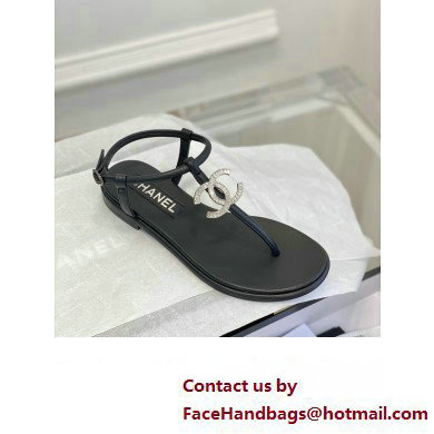 Chanel Lambskin & Strass CC Logo Thong Sandals G39728 Black 2023